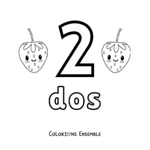 Image a colorier d’une carte du chiffre 2 pour apprendre a compter avec des fruits