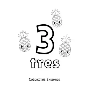 Image a colorier d’une carte du chiffre 3 pour apprendre a compter avec des fruits