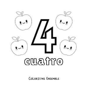 Image a colorier d’une carte du chiffre 4 pour apprendre a compter avec des fruits