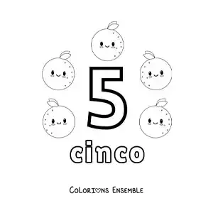 Image a colorier d’une carte du chiffre 5 pour apprendre a compter avec des fruits