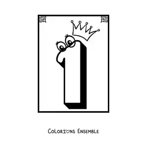 Image a colorier d’une fiche du chiffre 1 anime pour apprendre a compter