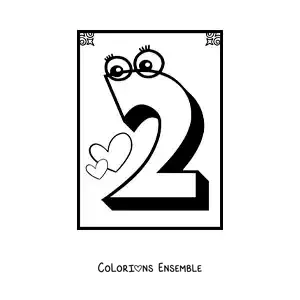 Image a colorier d’une fiche du chiffre 2 anime pour apprendre a compter