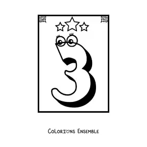 Image a colorier d’une fiche du chiffre 3 anime pour apprendre a compter