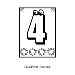 Image a colorier d’une fiche du chiffre 4 anime pour apprendre a compter