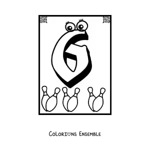 Image a colorier d’une fiche du chiffre 6 anime pour apprendre a compter