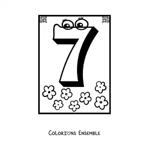 Image a colorier d’une fiche du chiffre 7 anime pour apprendre a compter