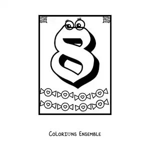 Image a colorier d’une fiche du chiffre 8 anime pour apprendre a compter