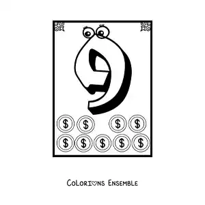 Image a colorier d’une fiche du chiffre 9 anime pour apprendre a compter