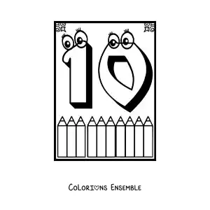 Image a colorier d’une fiche du chiffre 10 anime pour apprendre a compter