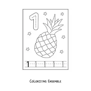 Image a colorier d’une carte pour apprendre a tracer le chiffre 1 et compter avec des fruits