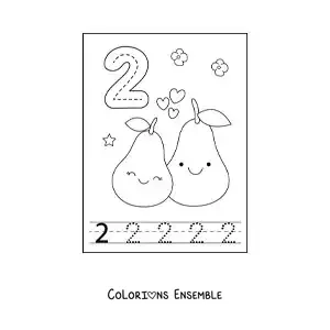 Image a colorier d’une carte pour apprendre a tracer le chiffre 2 et compter avec des fruits