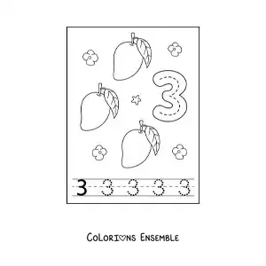 Image a colorier d’une carte pour apprendre a tracer le chiffre 3 et compter avec des fruits