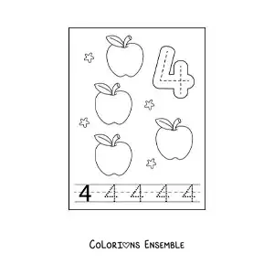 Image a colorier d’une carte pour apprendre a tracer le chiffre 4 et compter avec des fruits
