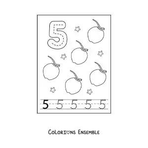 Image a colorier d’une carte pour apprendre a tracer le chiffre 5 et compter avec des fruits