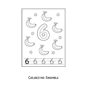 Image a colorier d’une carte pour apprendre a tracer le chiffre 6 et compter avec des fruits