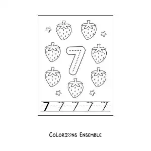 Image a colorier d’une carte pour apprendre a tracer le chiffre 7 et compter avec des fruits