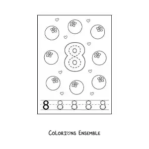 Image a colorier d’une carte pour apprendre a tracer le chiffre 8 et compter avec des fruits