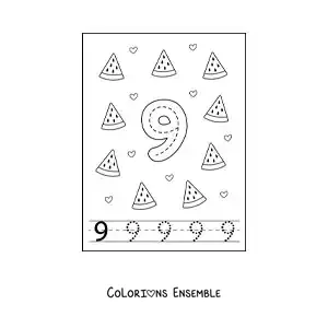 Image a colorier d’une carte pour apprendre a tracer le chiffre 9 et compter avec des fruits