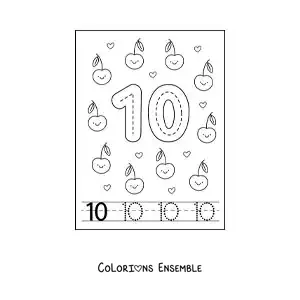 Image a colorier d’une carte pour apprendre a tracer le chiffre 10 et compter avec des fruits