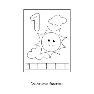 Image a colorier d’une activite pour tracer le chiffre 1 et compter avec des dessins animes