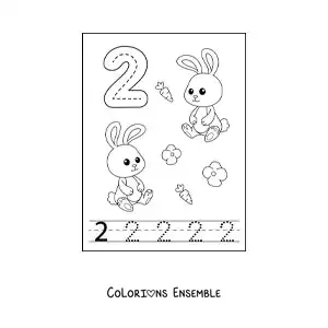 Image a colorier d’une activite pour tracer le chiffre 2 et compter avec des dessins animes