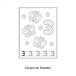 Image a colorier d’une activite pour tracer le chiffre 3 et compter avec des dessins animes