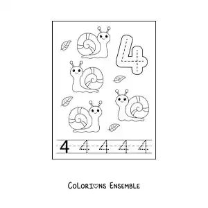 Image a colorier d’une activite pour tracer le chiffre 4 et compter avec des dessins animes