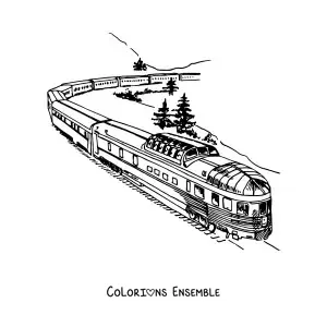Image à colorier d'un train moderne sur des voies, à la campagne