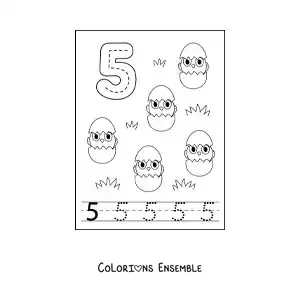 Image a colorier d’une activite pour tracer le chiffre 5 et compter avec des dessins animes