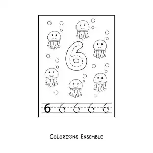 Image a colorier d’une activite pour tracer le chiffre 6 et compter avec des dessins animes