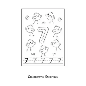Image a colorier d’une activite pour tracer le chiffre 7 et compter avec des dessins animes