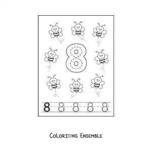 Image a colorier d’une activite pour tracer le chiffre 8 et compter avec des dessins animes
