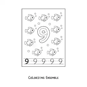 Image a colorier d’une activite pour tracer le chiffre 9 et compter avec des dessins animes