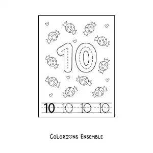 Image a colorier d’une activite pour tracer le chiffre 10 et compter avec des dessins animes