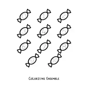 Image a colorier d’une activite pour tracer les chiffres de 1 a 10 avec des friandises