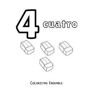 Image a colorier d’une fiche du chiffre 4 pour apprendre a compter avec des dessins amusants