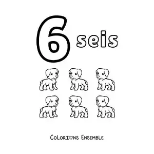 Image a colorier d’une fiche du chiffre 6 pour apprendre a compter avec des dessins amusants