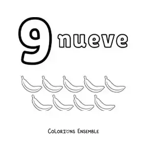 Image a colorier d’une fiche du chiffre 9 pour apprendre a compter avec des dessins amusants