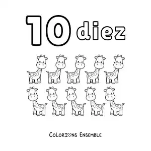 Image a colorier d’une fiche du chiffre 10 pour apprendre a compter avec des dessins amusants