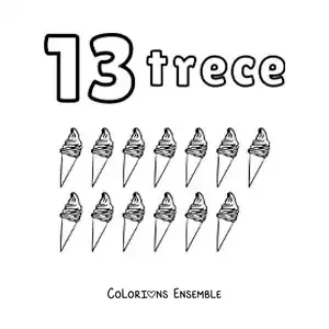 Image a colorier d’une fiche du chiffre 13 pour apprendre a compter avec des dessins amusants