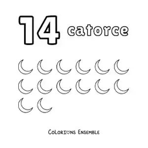 Image a colorier d’une fiche du chiffre 14 pour apprendre a compter avec des dessins amusants