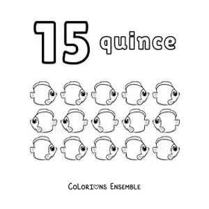 Image à colorier d'une fiche du nombre 15 pour apprendre à compter avec de jolis dessins amusants