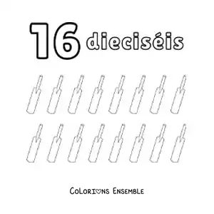 Image à colorier d'une fiche du nombre 16 pour apprendre à compter avec de jolis dessins amusants