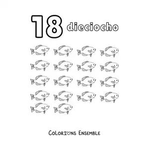 Image à colorier d'une fiche du nombre 18 pour apprendre à compter avec de jolis dessins amusants