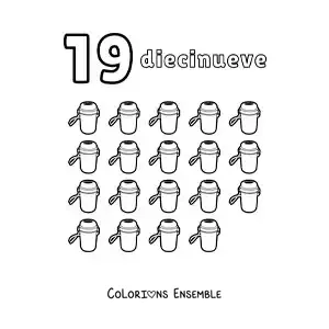 Image à colorier d'une fiche du nombre 19 pour apprendre à compter avec de jolis dessins amusants