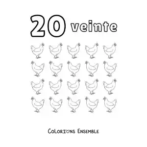 Image à colorier d'une fiche du nombre 20 pour apprendre à compter avec de jolis dessins amusants