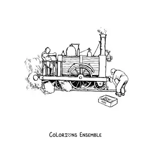 Image à colorier de deux hommes essayant une locomotive ancienne