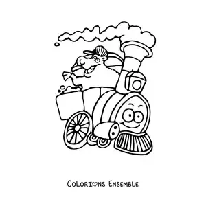 Image à colorier d'un mouton animé dans un train