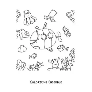 Image à colorier d'un sous-marin entouré de poissons animés