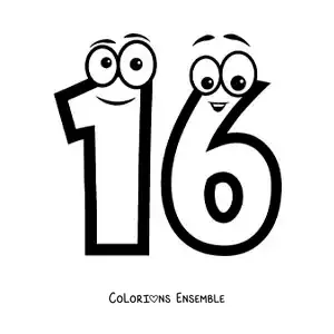 Image à colorier du chiffre 16 animé pour les enfants